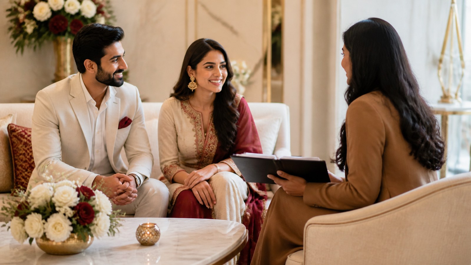 Wedding planning consultation with an elegant Indian wedding planning board for Kochi in Kochi