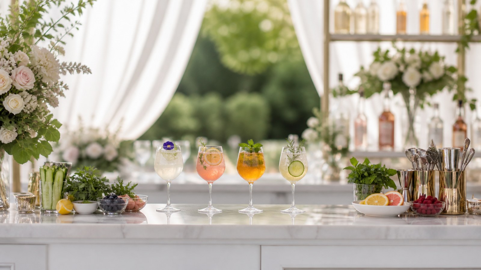 Elegant wedding beverage and mocktail bar setup in Kochi and Kerala’s backwater, coastal and hill wedding destinations