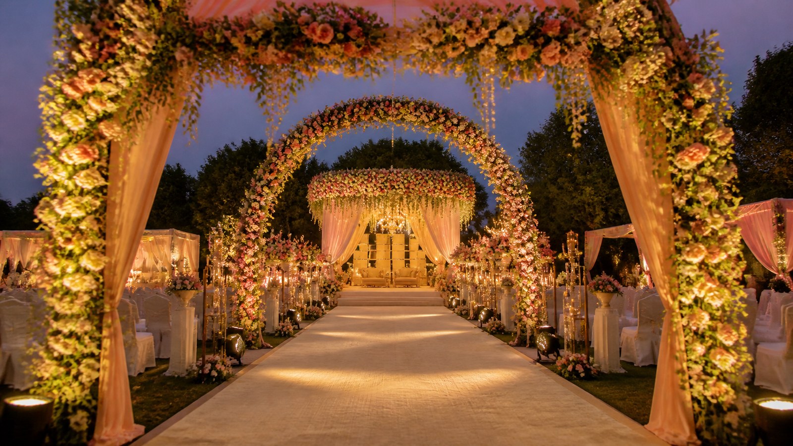 Elegant couple entry and varmala stage concept in Kochi and Kerala’s backwater, coastal and hill wedding destinations