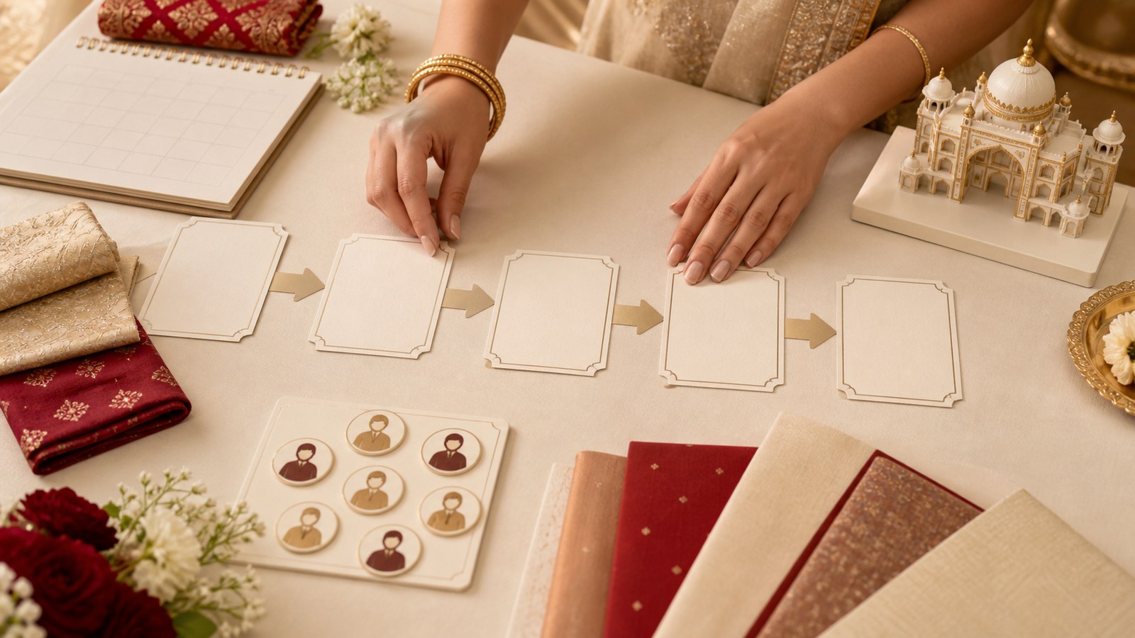 Wedding planning guide and checklist editorial visual in Kochi and Kerala’s backwater, coastal and hill wedding destinations
